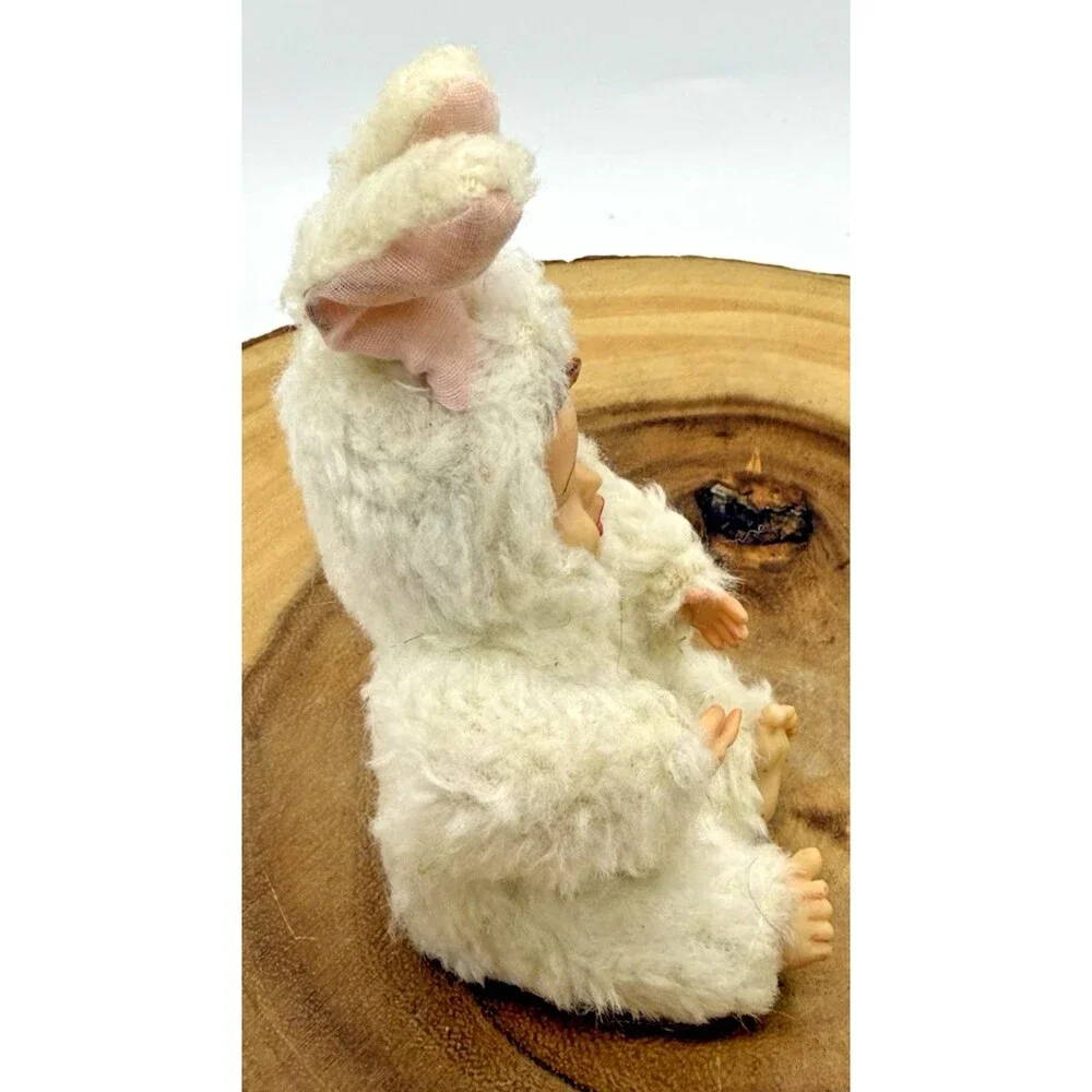 2 Vintage Miniature Porcelain Doll  in Fuzzy Fabric Bunny Costume 4